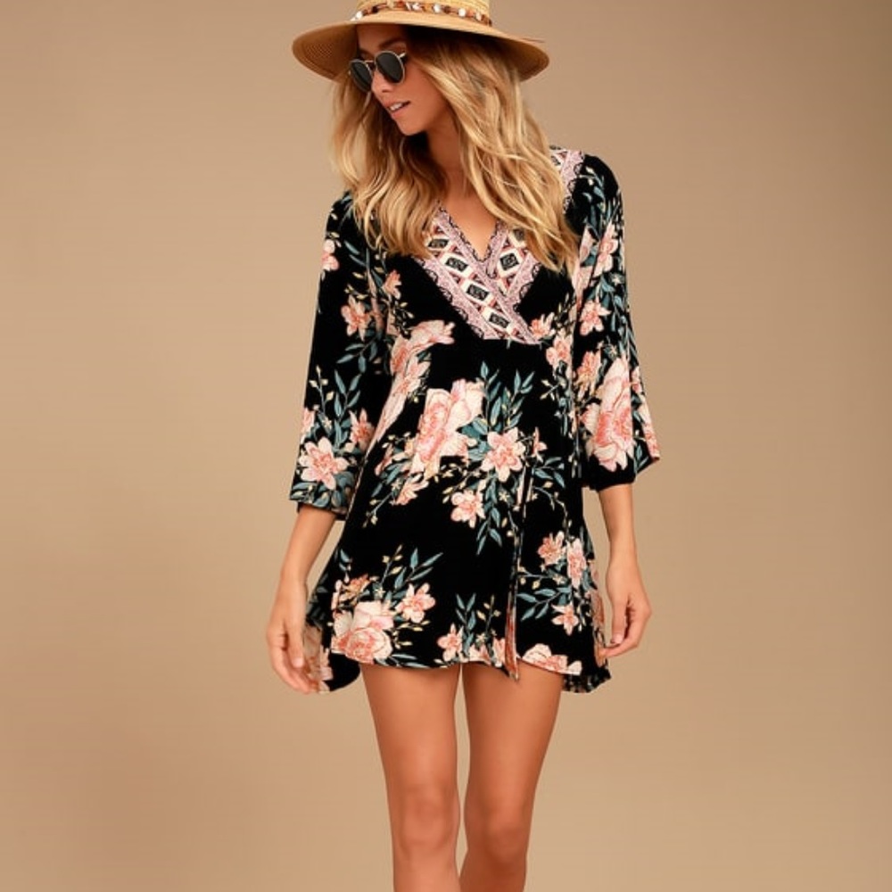 Lulus Billabong Black Floral Print Wrap Dress